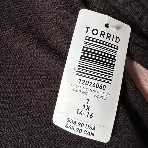 Torrid Women's 1X Super Soft Knits Black Mesh Inset Off Shoulder Long Sleeve Top - Picture 3 of 7
